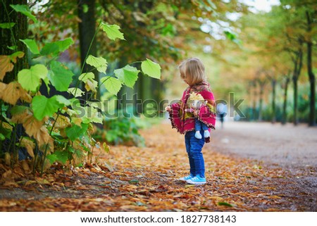 Adorable toddler girl walking in park on a fall day in Paris, France. Child enjoying autumn outdoors.