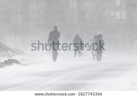 Blizzard bad weather snow and strong wind in the city selective focus Royalty-Free Stock Photo #1827743366