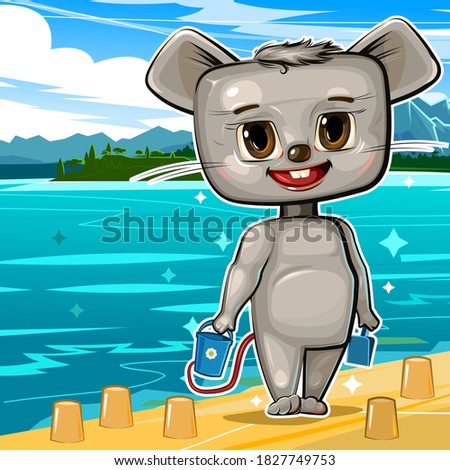 Little mouse on the beach by the sea. Builds sand figures. The child of the animal is resting and playing. Beautiful seascape. Children's illustration. Cheerful cartoon style. Vector	