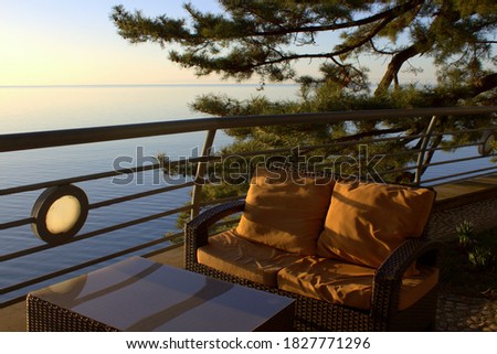 Lounge chair overlooking the sea. Small sofa under a pine tree above the sea.