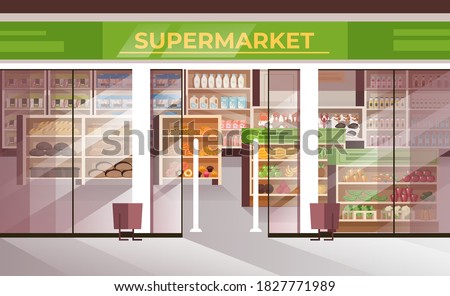 Outside food supermarket concept. Vector flat graphic design illustration Royalty-Free Stock Photo #1827771989