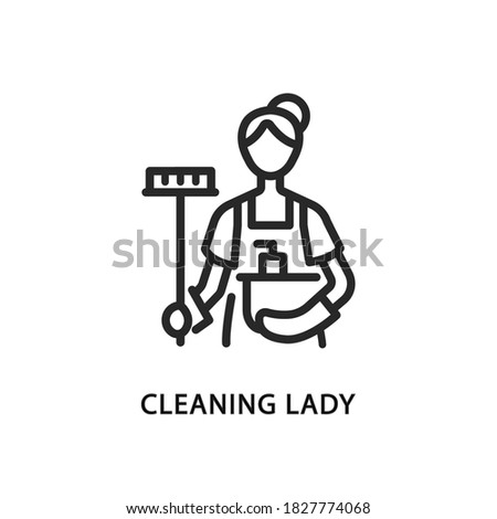 Cleaning lady line flat icon. Vector illustration woman with a mop and a basin. Maid. Royalty-Free Stock Photo #1827774068
