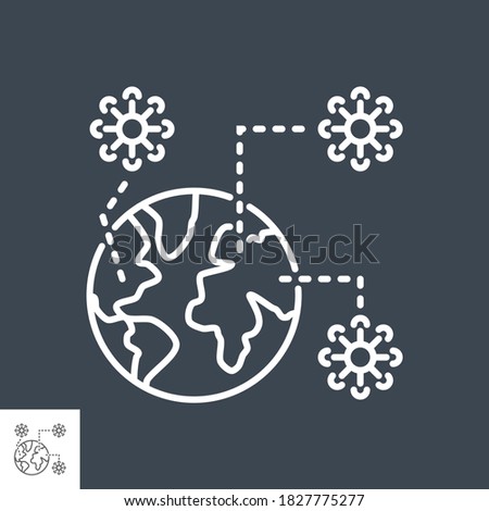 Pandemia related vector thin line icon. Worldwide spread of the virus. Isolated on black background. Editable stroke. Vector illustration.