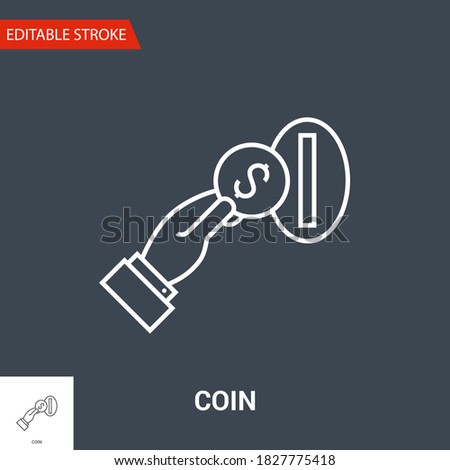 Coin in Hand Icon. Thin Line Vector Illustration. Adjust stroke weight - Expand to any Size - Easy Change Colour - Editable Stroke