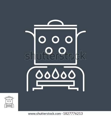 Hot cooking food related vector thin line icon. The pan is on the gas burner. Isolated on black background. Editable stroke. Vector illustration.