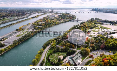Aerial view of Montreal City Biosphère on Notre-Dame Island with colourful autumn threes