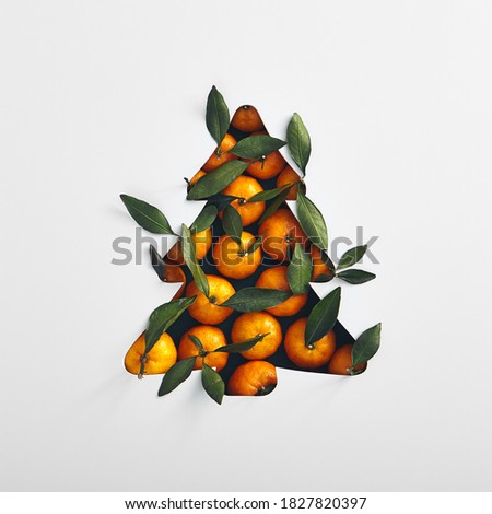 Christmas minimal concept - xmas tree silhouette made with fresh tangerine. Square composition, flat lay, view from above. Merry christmas background.