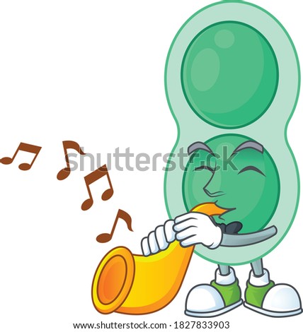 Talented musician of green streptococcus pneumoniae mascot design playing music with a trumpet. Vector illustration
