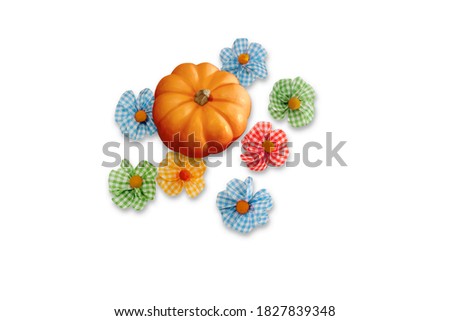 Top view of orange pumpkin surrounded by multi-color fabric flowers on white background. Copy space.