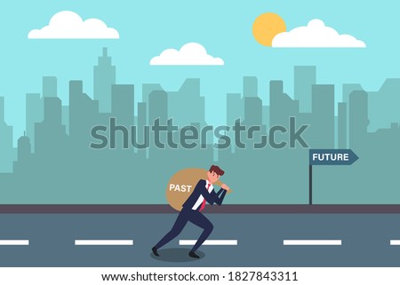 Business vision vector concept: Businessman carrying a bag with past text to the future