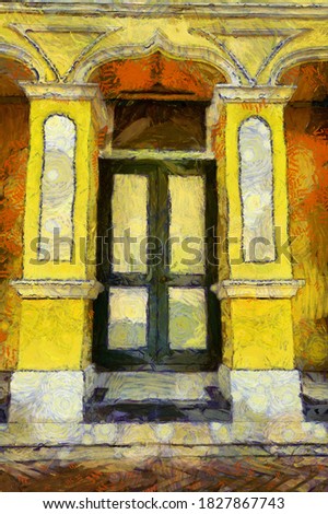 Ancient wooden doors and windows of a bright yellow building Illustrations creates an impressionist style of painting.