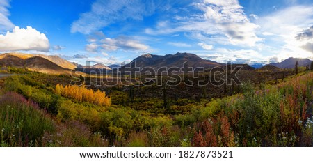Panoramic View of Scenic Mountain Valley on a Fall Day in Canadian Nature. Taken near Tombstone Territorial Park, Yukon, Canada. Royalty-Free Stock Photo #1827873521