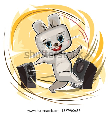 Happy cute hare dancing. Loud music from speakers. Dance. Funny kid animal. Cartoon style. Illustration for children. Isolated on white background. Vector