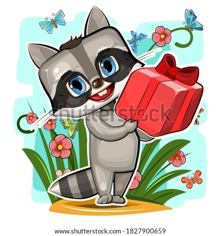 Baby Raccoon carries a gift to a friend. Red box with ribbon and bow. Summer meadow with flowers. Childrens postcard illustration. Happy kid animal. Cartoon style. Isolated on white background. Vector
