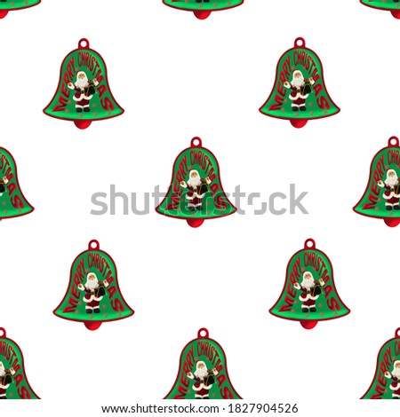 A seamless pattern of bells with figures of Santa Claus, wishes of Merry Christmas and New Year.