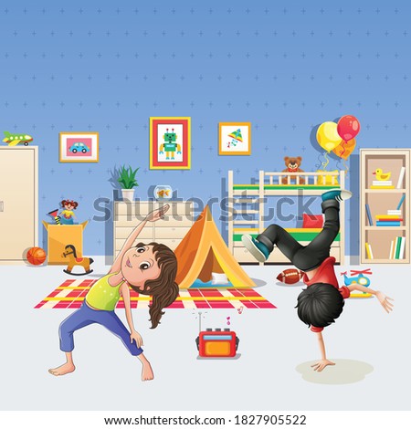 Children dance and  play room  furniture sports balls tent and colourful toys horizontal flat Free Vector 