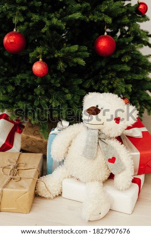 Christmas tree pine with gifts toy white soft bear
