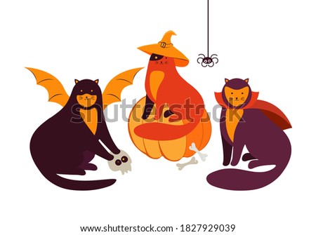 Happy Halloween cats in costume party. Flat vector illustration of a group of funny cats monsters along with pumpkins, skulls, bones, and spiders. Spooky outfits cartoon characters. Festive banner