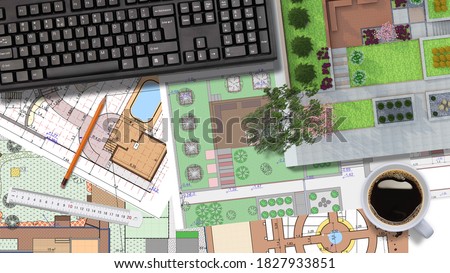 Against the background of a lot of plans and drawings with a keyboard. Illustration. Garden design.