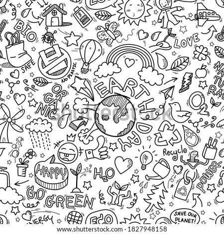 Earth day doodles seamless pattern background. hand drawn of Earth day, Ecology , go green, clean power doodle set isolated on white background, doodles sketch illustration vector Royalty-Free Stock Photo #1827948158