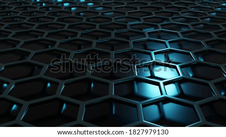 hexagon pattern of solid metal wall background black color with blue light trendy neon