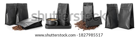 Collage with paper bags for coffee on white background