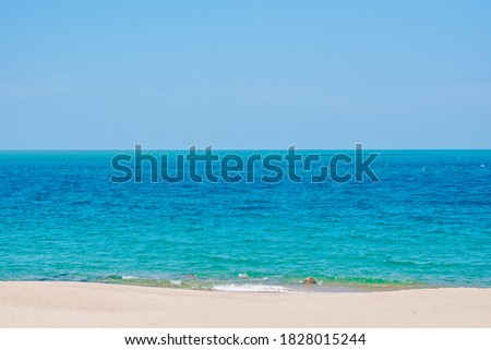 Deep blue turquoise lazur empty sea panorama skyline under clear sky summer sunshine clean sand, paradise calm design wallpaper background. Tropical holiday end of quarantine Covid isolation