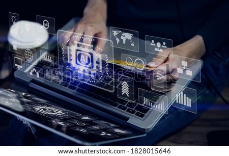Double exposure of businesswoman hands using laptop computer with business financial stock market trading work from home, Technology digital and stock market concept, Background toned image blurred.