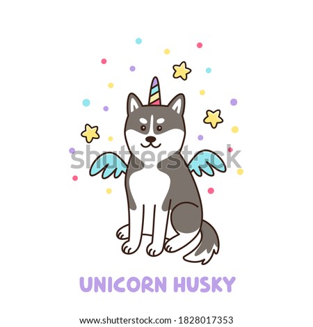 Siberian husky dog in a unicorn costume with colorful horn and wings. Сute kawaii cartoon vector illustration. It can be used for sticker, patch, phone case, poster, t-shirt, mug and other design.