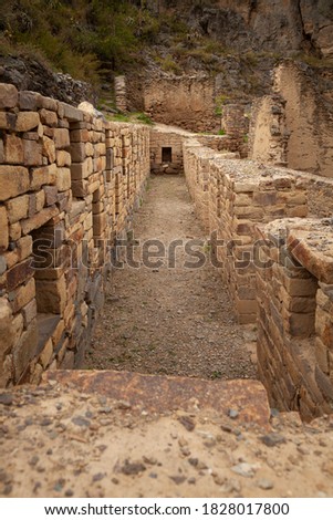Ollantaytambo, Peru - April 4, 2014: Ollantaytambo Archaeological Site, ruins and constructions of ancient Incas, near the Vilcanota river valley, Peru.