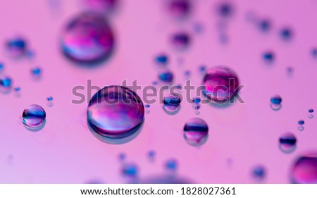 Blue drops of water on a pink background. Close-up