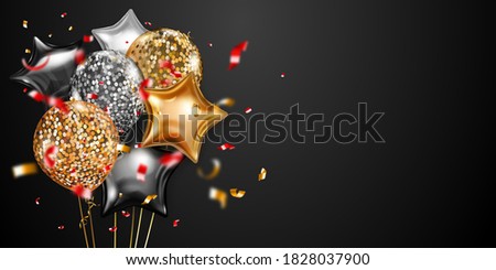 Festive background with golden and silver air balloons and shiny pieces of serpentine. Vector illustration for posters, flyers or cards.