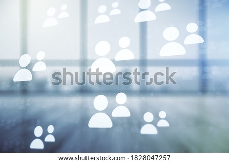 Double exposure of social network icons hologram on empty room interior background. Networking concept
