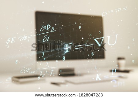 Creative scientific formula illustration on modern computer background, science and research concept. Multiexposure