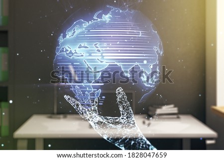 Multi exposure of abstract graphic world map and modern desktop with pc on background, big data and networking concept