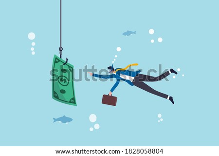 Investment risk or money trap, business fraud and cheating or financial pitfall and mistake concept, businessman diving into business ocean takes a bait to the hook fishing with money dollar banknote.