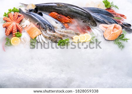 Top view of variety of fresh luxury seafood, Lobster salmon mackerel crayfish prawn octopus mussel and scallop, on ice background with icy smoke in seafood market. Photo With Copy space. Royalty-Free Stock Photo #1828059338