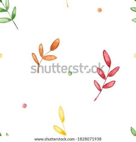 Seamless pattern with watercolor autumn colorful leaves. Hand drawn illustration is isolated on white. Floral ornament with branches is perfect for vintage design, nursery wallpaper, fabric textile