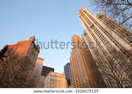 City skyline from City Hall Park at Tribeca district, Manhattan, New York City, United States