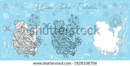 Doodle set with Pisces zodiac symbol. Girl kissing the air against snowy background. Vector hand drawn winter illustration, line art design element for greeting cards