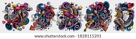 Music cartoon vector doodle designs set. Colorful detailed compositions with lot of musical objects and symbols. Isolated on white illustrations