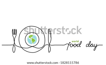 World food day holiday concept with earth or globe and plate, knife and fork. Single line art with text Food Day. Royalty-Free Stock Photo #1828115786