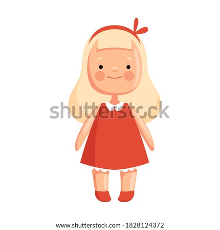 Children toy doll in a red dress with blond hair Royalty-Free Stock Photo #1828124372