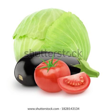 vegetable composition: tomato, eggplant on white background. Clip art image for package design.