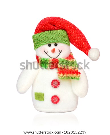 Smiling snowman with red cap and scarf isolated on white background