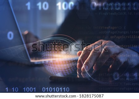 Business technology background, digital software development, IoT Internet of Things. Man programmer, software developer working on digital tablet and laptop computer with binary, html computer code 