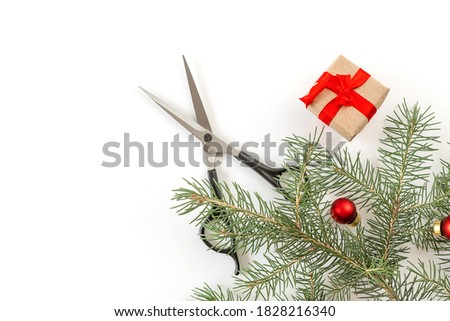 Christmas composition. Hairdressing scissors and a spruce branch on a white background. Template for a postcard or information about a hair salon. Flat lay, copy space.