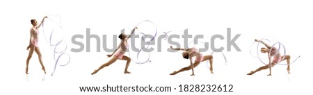 Dynamic. Little flexible girl isolated on white studio background. Female rhythmic gymnastics artist in bright leotard. Grace in motion, action and sport. Doing exercises, collage with copyspace.