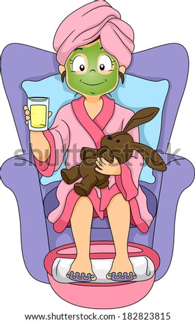 Illustration of a Little Girl at a Spa Wearing a Facial Mask