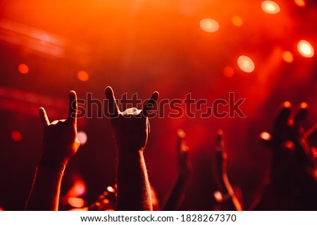 fans showing signs of the horns during a rock band concert in a club. A crowd of people at a show. Two-finger rock hand. Red light from spotlights